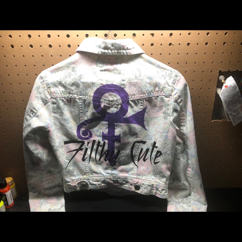 Upcycled flowery denim jacket with Prince symbol